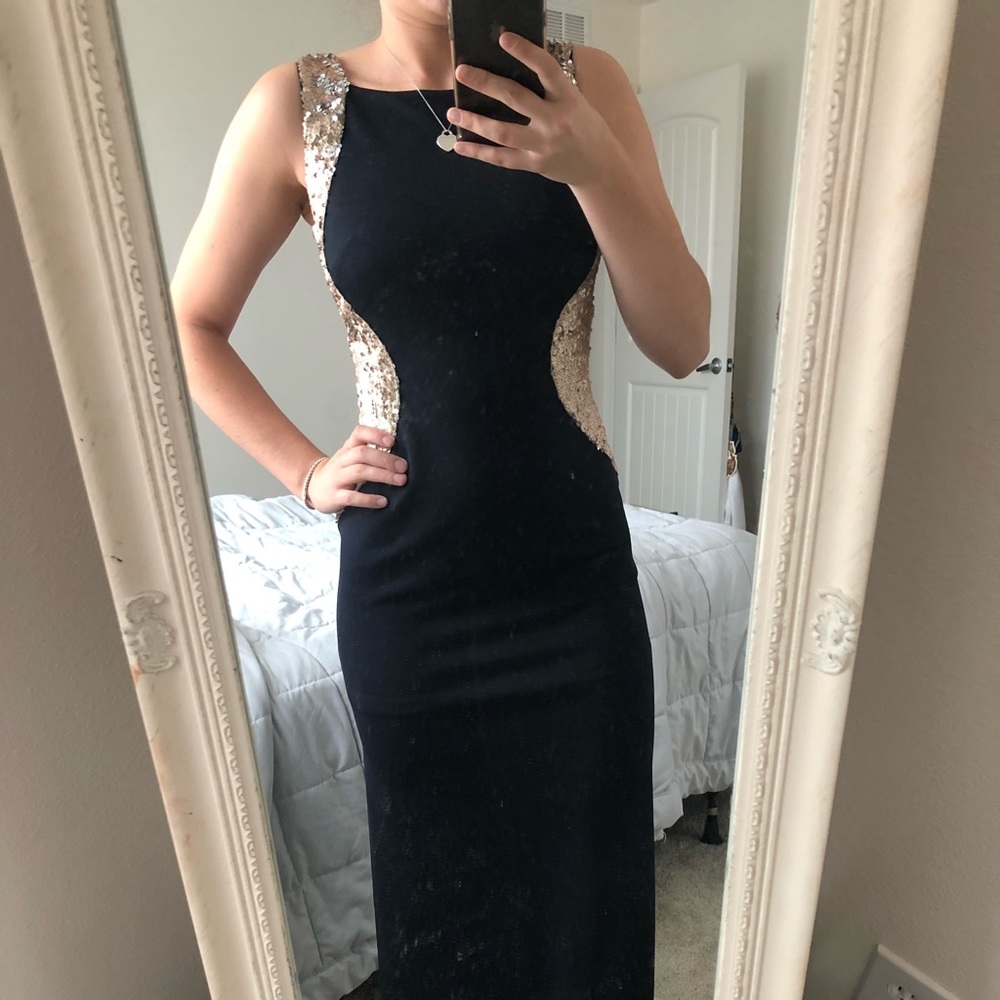 navy blue sequined prom dress